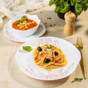 Set de masă Kinghoff KH 2035, 18 piese, pentru 6 persoane, sticlă opală, motiv floral, alb