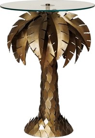 Măsuță laterală înaltă din metal, auriu, cu blat rotund din sticlă și bază în formă de palmier, finisaj antichizat, 73 x 53 cm, „Palm”
