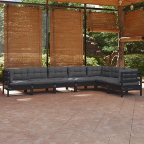 3096699 vidaXL Set mobilier grădină cu perne, 7 piese, negru, lemn masiv pin