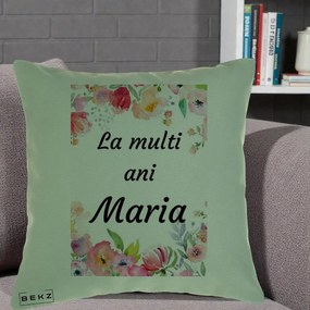 Cadou de Onomastica - Perna Personalizata La Multi Ani Maria Flori Acuarela, 40x40 cm, Verde, Husa Detasabila, Perna Inclusa, BEKZ®