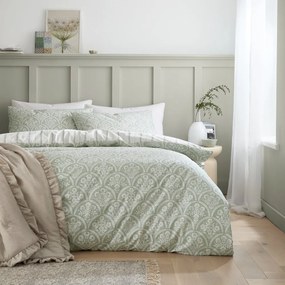 Lenjerie de pat albă-verde din bumbac percal pentru pat de o persoană 135x200 cm Scallop Floral – Bianca