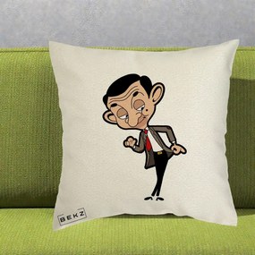 Perna Personalizata Mr. Bean Caricatura, 40x40 cm, Ecru, Husa Detasabila, Perna Inclusa, BEKZ®
