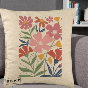 Perna Decorativa Flori Grafice Roz si Terracotta, 40x40 cm, Bej, Husa Detasabila, Perna Inclusa, BEKZ®