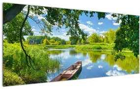 Tablou cu râu de vară și barcă (120x50 cm)