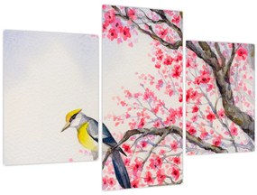 Tablou - Pasăre pe un copac cu flori roșii (90x60 cm)