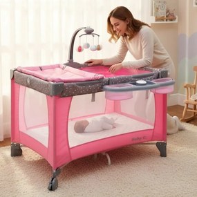 Patut Pliabil si Tarc copii Baby Care™ PRO FMAT, 2 Niveluri de inaltime, Cu melodii si Masa infasat, Carusel cu jucarii din plus, Plasa insecte, Roz