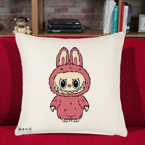 Perna Personalizata Labubu Roz Solo, 40x40 cm, Crem Reliefat, Husa Detasabila, Perna Inclusa, BEKZ®