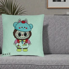 Perna Personalizata Labubu x Urs Albastru Colorat, 40x40 cm, Verde Menta, Husa Detasabila, Perna Inclusa, BEKZ®