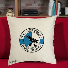 Perna Personalizata FC Corvinul Hunedoara Fotbal, 40x40 cm, Ecru, Husa Detasabila, Perna Inclusa, BEKZ®