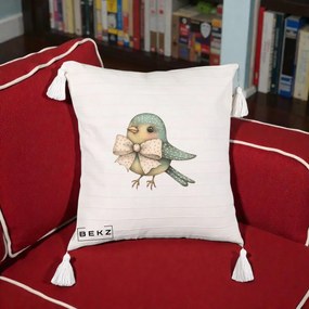 Perna Decorativa Pasare Teal cu Fundita cu Buline, 40x40 cm, Bej cu Franjuri, Husa Detasabila, Perna Inclusa, BEKZ®