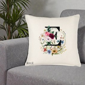 Cadou Personalizat - Perna Personalizata Monogram Litera E cu Flori Acuarela, 40x40 cm, Crem Reliefat, Husa Detasabila, Perna Inclusa, BEKZ®