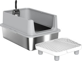 PawHut Tavă XL pentru litieră din oțel inoxidabil, Pereți laterali înalți, Pedală și covoraș filtrant, Lopată, 60,2x40,2x29,6cm, Gri | Aosom Romania