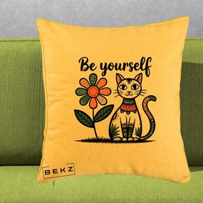 Perna Personalizata Be Yourself Pisica Folk, 40x40 cm, Galben, Husa Detasabila, Perna Inclusa, BEKZ®