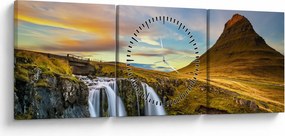 Tablou cu munții și cascade pe Islanda (cu ceas) (90x30 cm)