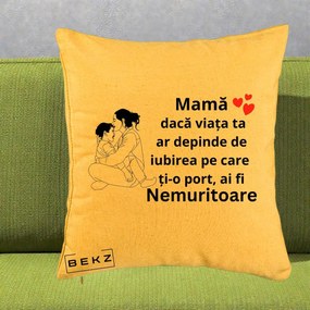 Cadou pentru Mama - Perna Personalizata Mama Nemuritoare Kawaii, 40x40 cm, Galben, Husa Detasabila, Perna Inclusa, BEKZ®