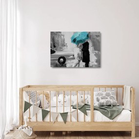 Tablou pe sticlă - Cuplu în dragoste cu umbrelă, albastru (70x50 cm)
