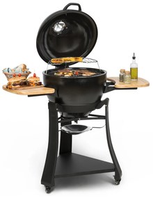 Duomo, grill kamado, termometru, mese laterale, portabil, din oțel inoxidabil, ceramică, Ø 49 cm, grătar din fontă