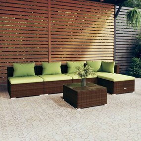 Set mobilier de gradina cu perne, 6 piese, maro, poliratan maro si verde, colt + 3x mijloc + suport pentru picioare + masa, 1