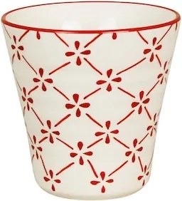 Cană din ceramică artizanală, natur, cu motive florale stilizate pictate manual roșu și bordură decorativă, fără mâner, 10×10 cm, „Marion Clover"