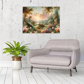 Tablou pe sticlă - Păuni în grădină (70x50 cm)