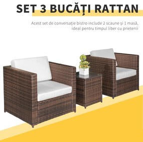 Outsunny Set Mobilier de Grădină din Ratan, 2 Scaune Fotolii cu Perne Decorative, Măsuță de Cafea cu Sticlă, Maro | Aosom Romania