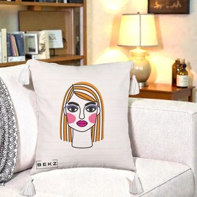 Perna Decorativa Portret Pop Art Fata, 40x40 cm, Bej cu Franjuri, Husa Detasabila, Perna Inclusa, BEKZ®