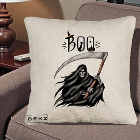 Perna Decorativa Halloween Boo Grim Reaper cu Coasa, 40x40 cm, Bej Canapea, Husa Detasabila, Perna Inclusa, BEKZ®