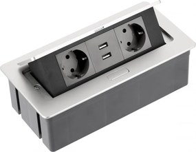 Priză încorporabilă în blat Soft GTV, din oțel, 2 prize Schuko, 2 x USB A, aluminiu, 240 x 120 mm Oțel, Aluminiu, L:240 mm; l:120 mm; H:73 mm