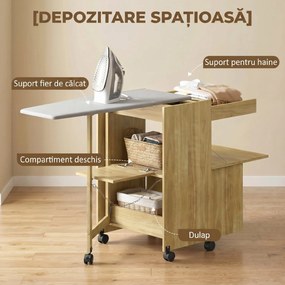 HOMCOM Dulap Masă de Călcat Rabatabilă cu Roți și Suport pentru Fier de Călcat, Dulap Multifuncțional cu Rafturi, Compartiment Deschis, pentru Spălătorie, Baie, 154x55x87 cm, Lemn Natural | Aosom Romania