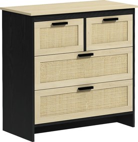 HOMCOM Comodă 4 Sertare, Mobilier Sufragerie/Dormitor, PAL și Ratan, 80x38x80cm, Negru/Lemn Natural | Aosom Romania
