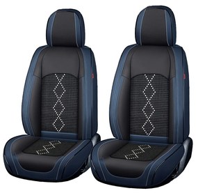 Huse auto premium 5 locuri Carguard Deluxe piele ecologica perforata si textil - negru - albastru inchis