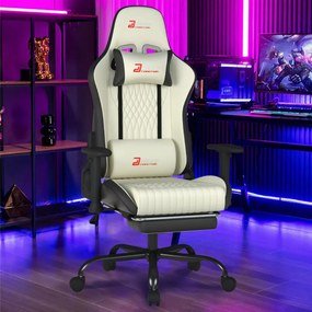Scaun gaming, Pernă lombară cu Masaj vibrator, Suport pentru picioare, Cotiere 2D, piele PU, Alb