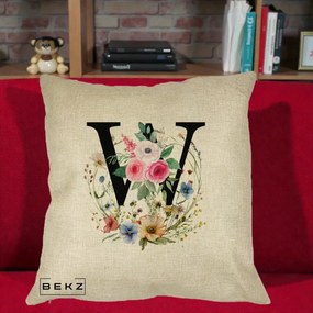 Cadou Personalizat - Perna Personalizata Monograma Florala Litera W, 40x40 cm, Crem, Husa Detasabila, Perna Inclusa, BEKZ®