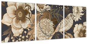 Tablou - Flori aurii pe fundal întunecat (cu ceas) (90x30 cm)