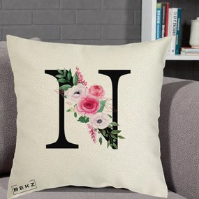 Cadou Personalizat - Perna Personalizata Monograma Florala Litera N, 40x40 cm, Ecru, Husa Detasabila, Perna Inclusa, BEKZ®