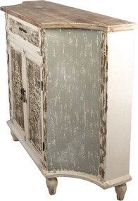 Bufet vintage shabby chic din lemn, alb și gri, cu 2 uși cu ornamente în relief, 1 sertar și colțuri teșite, 97 x 120 x 40 cm, „Maisonette”