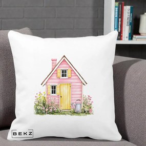 Perna Decorativa Casuta Roz Acuarela cu Gradina, 40x40 cm, Alba Mata, Husa Detasabila, Perna Inclusa, BEKZ®