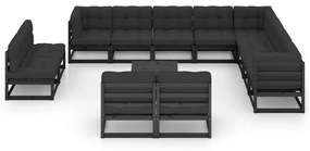 3076953 vidaXL Set mobilier grădină perne, 13 piese, negru, lemn masiv pin