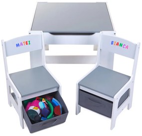 Set Masuta cu scaune pentru copii din Lemn Mdf 3 in 1, Tabla De Scris, Desenat, Colorat, Depozitare, Varsta 3-6 Ani, Alb cu Gri
