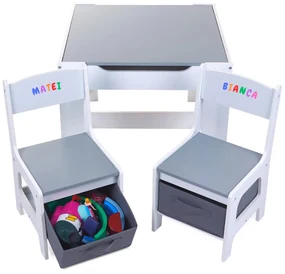 Set Masuta cu scaune pentru copii din Lemn Mdf 3 in 1, Tabla De Scris, Desenat, Colorat, Depozitare, Varsta 3-6 Ani, Alb cu Gri