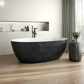 Cada freestanding compozit, negru cu alb, forme 3D, ovala 167 x 82 cm, Foglia Ovale Negru/Alb