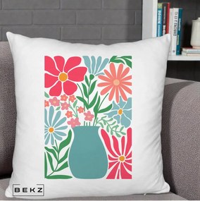 Perna Decorativa Flori in Vaza Turcoaz, 40x40 cm, Alb Pufos, Husa Detasabila, Perna Inclusa, BEKZ®