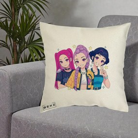 Perna Personalizata K-pop HUNTRX Trio Anime Stele, 40x40 cm, Ecru, Husa Detasabila, Perna Inclusa, BEKZ®