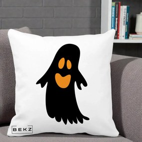 Perna Decorativa Halloween Fantoma Neagra cu Ochi Portocalii, 40x40 cm, Alba Mata, Husa Detasabila, Perna Inclusa, BEKZ®