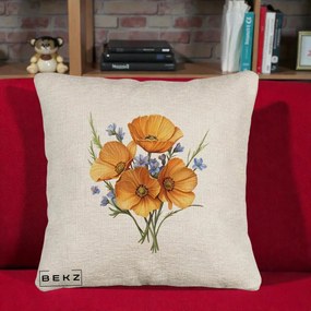 Perna Decorativa Maci Portocalii cu Floricele Albastre, 40x40 cm, Bej Canapea, Husa Detasabila, Perna Inclusa, BEKZ®