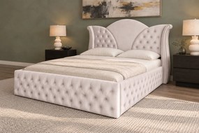 Pat tapițat Chesterfield din catifea Velora Deluxe Classic 140×200 cm, crem, cu ladă de depozitare