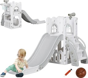 AIYAPLAY Tobogan pentru copii, 5-în-1, tobogan pentru copii mici cu coș de baschet, telescop, ansamblu de cățărat Gri 70 x 177 x 92 cm | Aosom Romania