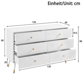 Comodă cu 6 sertare, cu model geometric și mânere în formă de diamant, pentru dormitor și living, 120x40x80 cm, Alb