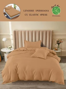 Lenjerie pat single, BUMBAC FINET, 4 piese, cu ELASTIC - Uni Bej
