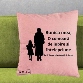 Cadou pentru Bunica - Perna Personalizata Bunica Mea Comoara Iubire Intelepciune Silueta, 40x40 cm, Roz, Husa Detasabila, Perna Inclusa, BEKZ®